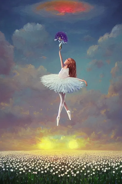 Prompt: giant white daisies flower as head, girl ballet in a flower field, surreal photography, sunrise, dramatic light, impressionist painting, colorful clouds, digital painting, artstation, simon stalenhag