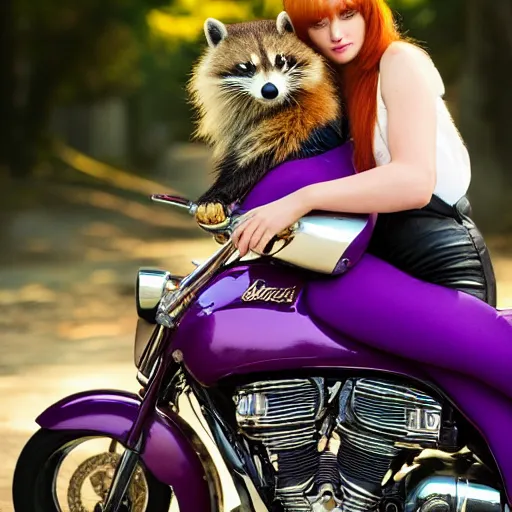 Image similar to a high - fashion photo of a slender beautiful woman with straight ginger hair and bangs, wearing purple leathers and gold helmet, posing with large ginger tabby and raccoon on a motorcycle in front yard, holding toasted brioche bun, dramatic lighting, 8 5 mm lens