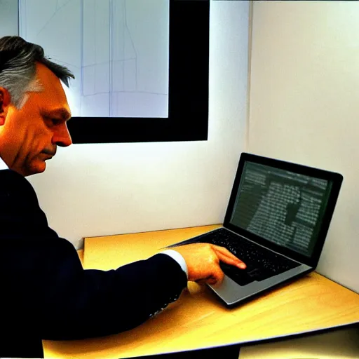 Image similar to viktor orban computer programming in a cubicle, oil painting