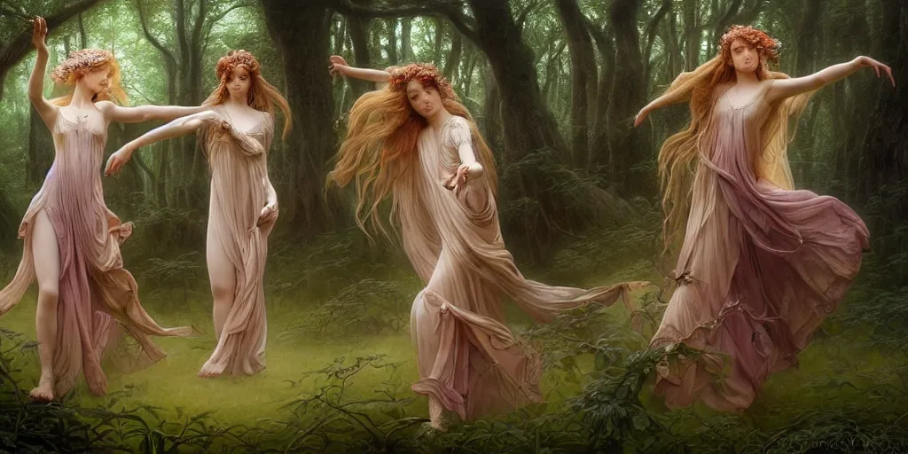 Prompt: masterpiece ephemeral elven girls dancing in the woods, composition by anastasiya dobrovolskaya, donato giancola, karol bak, tom bagshaw, face by artgerm and edmund leighton, background by zdzisław beksinski, majestic, volumetric lighting, porcelain skin, photorealistic, intricate, trending on artstation 8 k