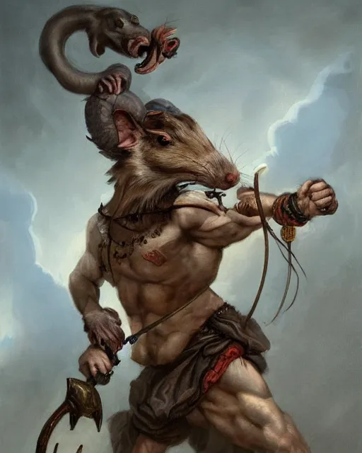 Image similar to baroque portrait of a male were-rat with the head of a rat. he is very muscular. he is wielding an axe. 4K trending on artstation by peter mohrbacher