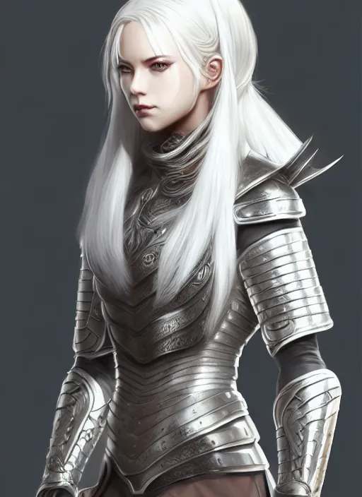 Image similar to warrior, fur leather armor!!! beautiful and elegant white hair female!! gorgeous ayes!! character concept art, sharp focus, octane render! unreal engine 5! highly rendered!! trending on artstation!! detailed linework!! illustration by artgerm, wlop, and chie yoshii