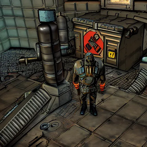 Image similar to fallout enclave fighter in power armor with a minigun in his hands stands next to the entrance to the fallout shelter, camera view isometric, post - apocalyptic,