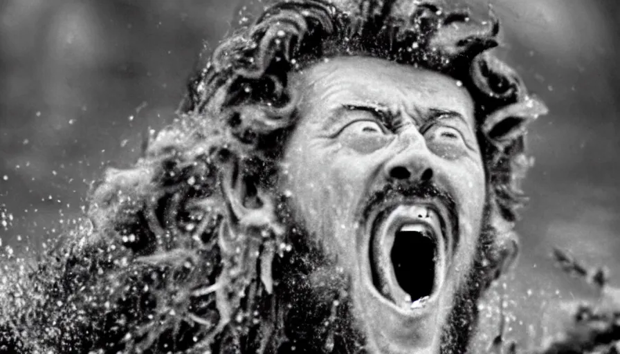 Prompt: 1 9 6 0 s movie still close up of marcus aurelius screaming frozen to death on a river shore with gravel, frozen hair, pine forests, cinestill 8 0 0 t 3 5 mm b & w, high quality, heavy grain, high detail, texture, dramatic light, anamorphic, hyperrealistic, detailed hair foggy