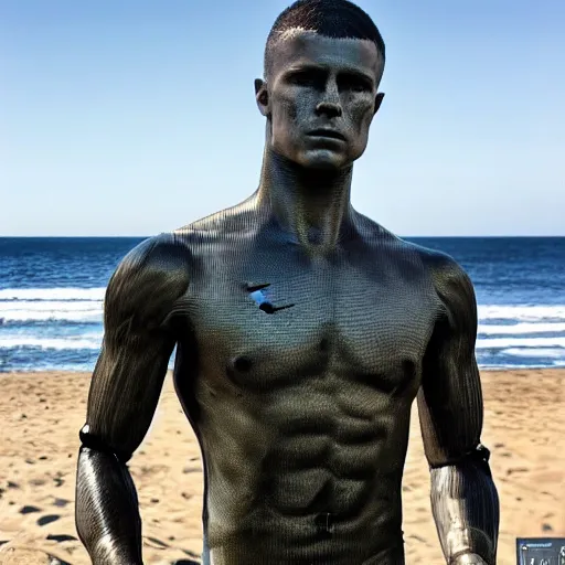 Image similar to a realistic detailed photo of a guy who is an attractive humanoid who is half robot and half humanoid, who is a male android, football player christian mccaffrey, shiny skin, posing like a statue, blank stare, by the beach, on display