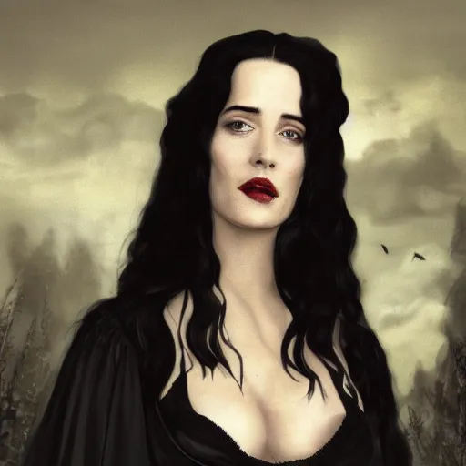 Prompt: portrait of a young eva green as yennefer from the witcher wearing black robes