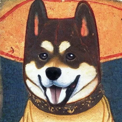 Image similar to potrait of shiba inu dog dressed as a king, medieval painting