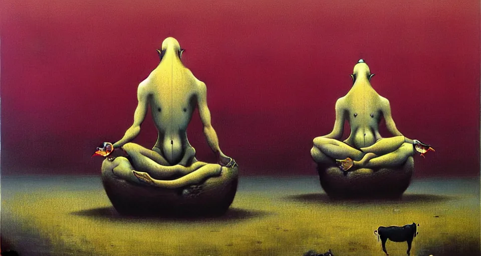 Image similar to Cow sitting in lotus position by Zdzisław Beksiński