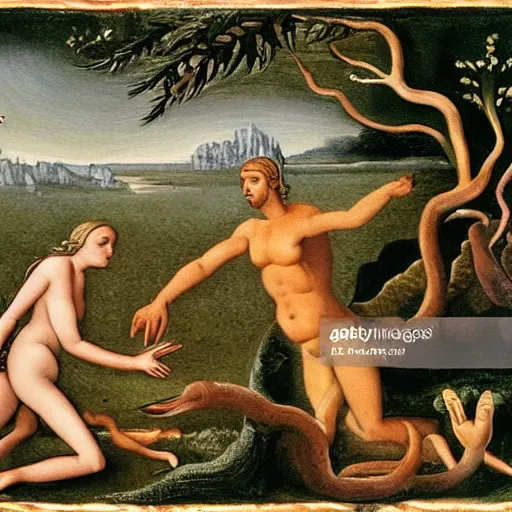 Image similar to TV News footage of Adam and Eve fleeing Eden