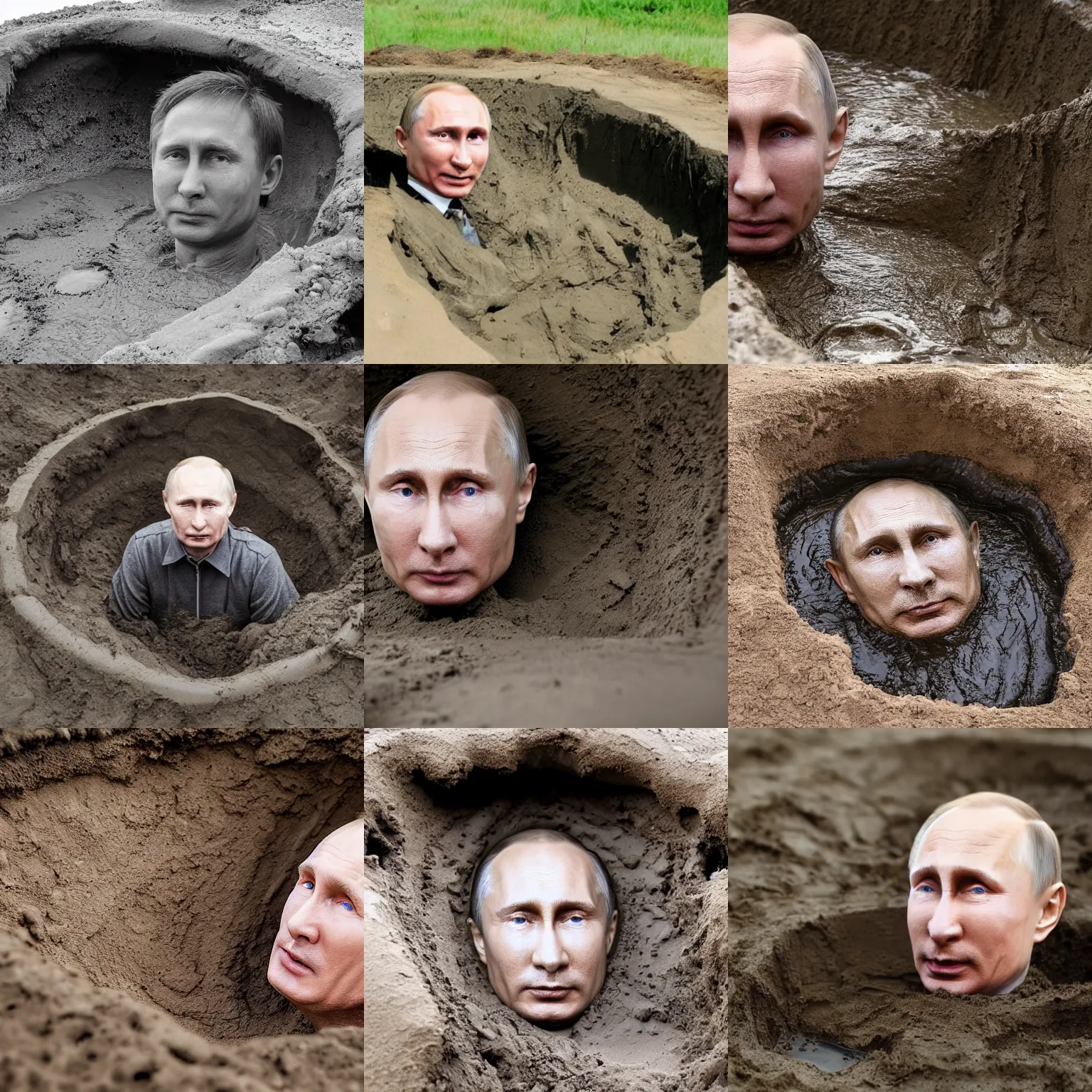 Prompt: potrait macro putin in mud bunker