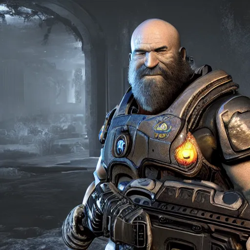 Prompt: Bob Ross in Gears of War, gloomy unreal engine 5 render