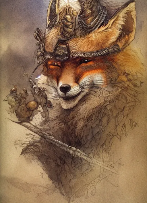 Prompt: portrait of a fox - faced ranger, dnd, gwelf, highly detailed, perfect lighting, watercolor and ink illustration, muted colors. perfect composition, 4 k, by brian froud, larry macdougall, jean - baptiste monge,