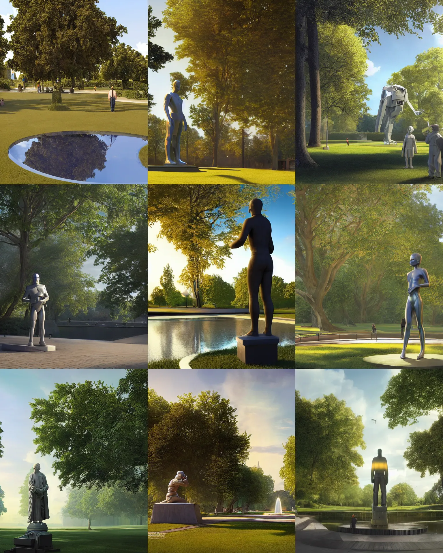 Prompt: scifi movie scene ralph mcquarrie digital painting of a holographic statue in an idyllic public park, elm tree, pond, sunny morning, unreal engine, hyper realism, realistic shading, cinematic composition, blender render, octane render, photorealistic, ultrawide shot