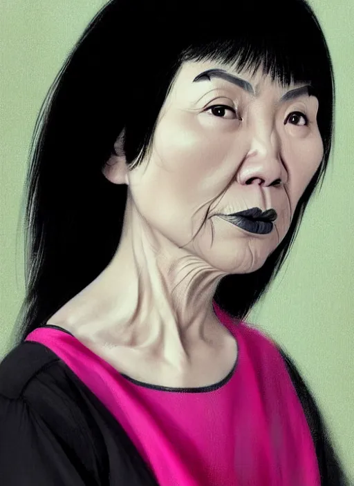 Image similar to portrait of a middle - aged asian woman with a crooked nose and a confident expression, 1 9 6 0 s, black clothes, goth, punk, brightly coloured hair, funk, intricate, elegant, highly detailed, digital painting, artstation, concept art, smooth, sharp focus, illustration, art by wlop, mars ravelo and greg rutkowski