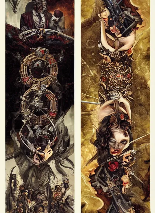 Image similar to tarot card :: horror :: vampires and draculas :: cult and clan :: hearts and roses :: gold and silver :: guns and swords :: highly details :: intricate details :: Sandra Chevrier and bastien lecouffe deharme