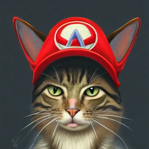Prompt: Front Portrait of a Cat wearing a Super Mario hat, kawaii aesthetic, nintendo, highly detailed, digital painting, artstation, concept art, smooth, sharp focus, illustration, art by artgerm and greg rutkowski and alphonse mucha