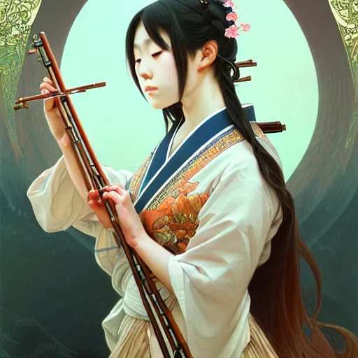 Prompt: Portrait of a japanese girl playing a cross flute, face, fantasy, intricate, elegant, highly detailed, digital painting, artstation, concept art, smooth, sharp focus, illustration, art by Fernanda Suarez and Artem Demura and alphonse mucha