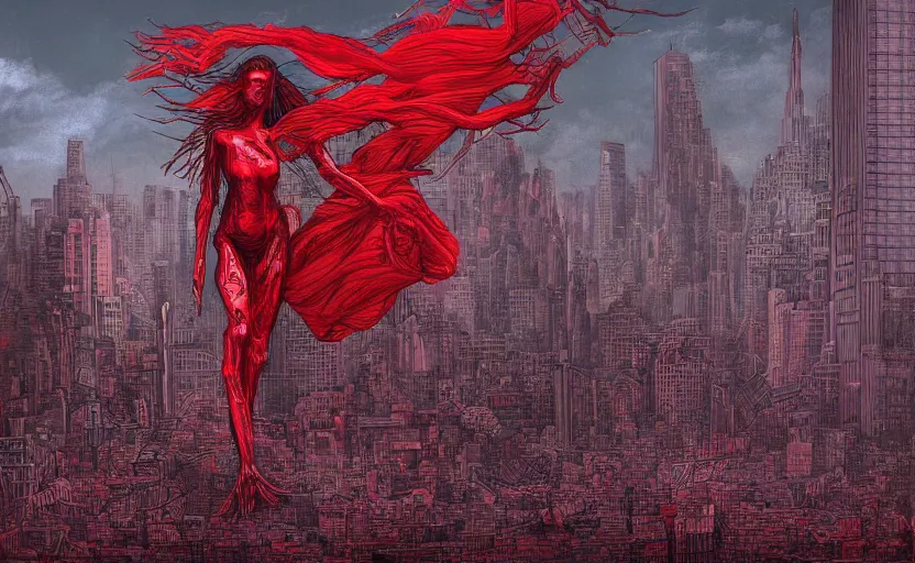 Prompt: an digital art of bodyhorror red alert storm that destroys new york city in style of zdislaw beksinski