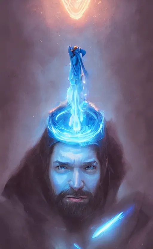 Image similar to alexis ohanian as a wizard, blue wizard hat, concept art, detailed face, fantasy, highly detailed, cinematic lighting, digital art painting by greg rutkowski