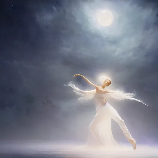 Prompt: the moonlit dance of the fae, dancers in white, the moonlit dance by marcel caram and elena vizerskaya and ( ivan aivazovsky ), impresion de giclee arte abstracto, fantasy space, 8 k, award winning, atmospheric, artstation, surreal, abstract, volumetric lighting