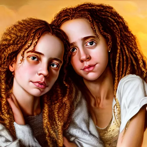 Image similar to intricate beautiful hyperreal portrait of a hermione granger and hermione granger, smiling softly, casual clothes, relaxing on the couch, home interior, golden hour, close up shot, 8 k, art by irakli nadar, hyperrealism, hyperdetailed, ultra realistic