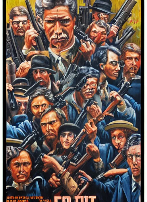 Prompt: a painting of a group of people holding guns, a fine art painting by ron english, trending on deviantart, neo - primitivism, movie poster, poster art, sci - fi