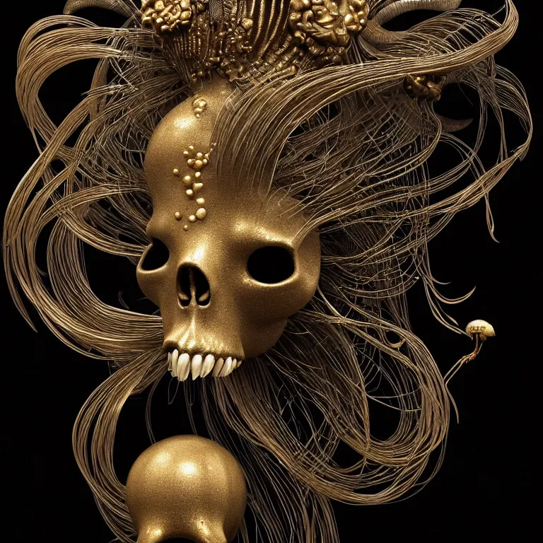 Image similar to black background. goddess princess face close-up portrait ram skull. sculpture made of gold and black charcoal. jellyfish phoenix head, nautilus, orchid, skull, betta fish, bioluminiscent creatures, intricate artwork by Tooth Wu and wlop and beeple. octane render, trending on artstation, greg rutkowski very coherent symmetrical artwork. cinematic, hyper realism, high detail, octane render, 8k