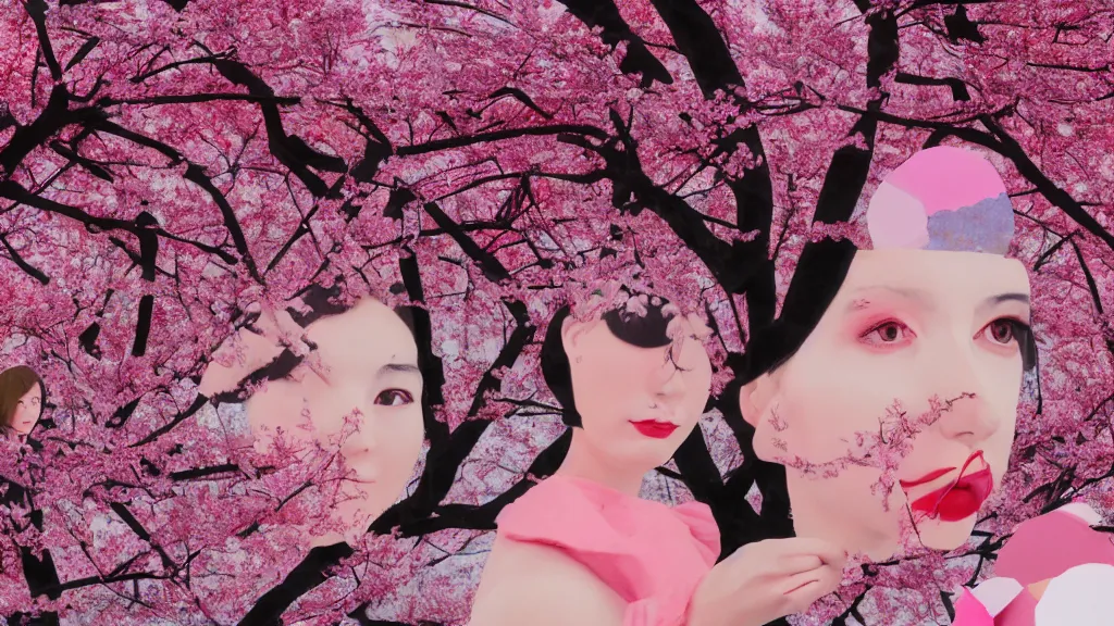 Image similar to close - up of a young pretty woman in a small group of people, a flower viewing picnic sakura, japan, a collage painting, in the style of wes anderson, lola dupre, david hockney, isolated on negative white space background dark monochrome neon fluorescent spraypaint accents volumetric octane render