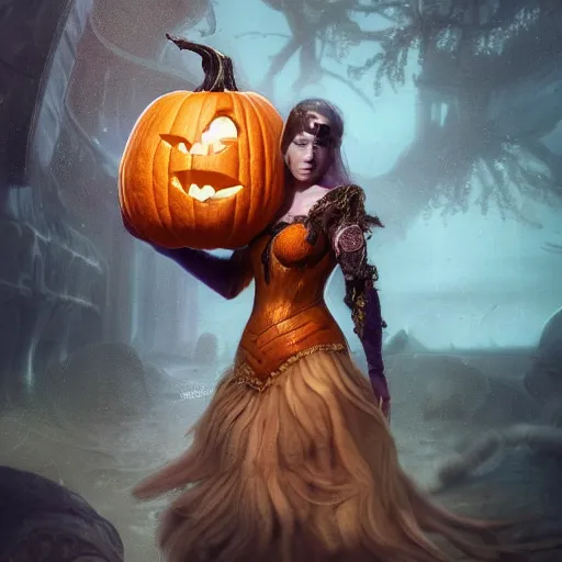 Prompt: beautiful detailed fantasy woman wearing a dress and a pumpkin on her head, character portrait, pumpkin head, epic fantasy, 3d with depth of field, blurred background, female, nautilus. A highly detailed epic cinematic concept art CG render. made in Maya, Blender and Photoshop, octane render, excellent composition, cinematic dystopian brutalist atmosphere, dynamic dramatic cinematic lighting, aesthetic, stylized, very inspirational, Koda Kazuma, Hayao Miyazaki, Tetsuya Nomura, Yusuke Murata