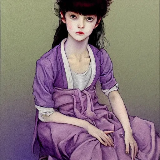 Image similar to little tomboy, purple tunic, soft hair. light color palate, detailed soft painting, ayami kojima, anatomically correct, inspired in balthus