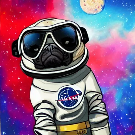 Image similar to hyper realistic, highly detailed, astronaut pug in space.