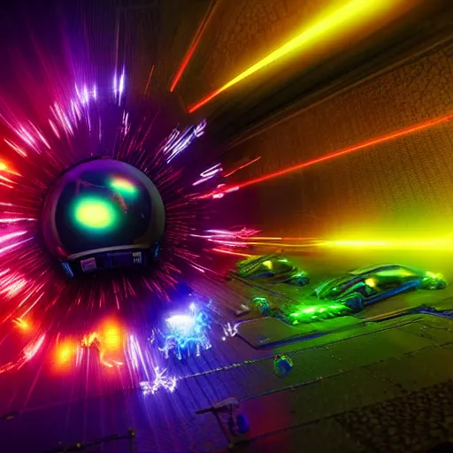 Prompt: splitting the atom digital art neon explosion 4 k trending on artstation octane render beautiful digital art