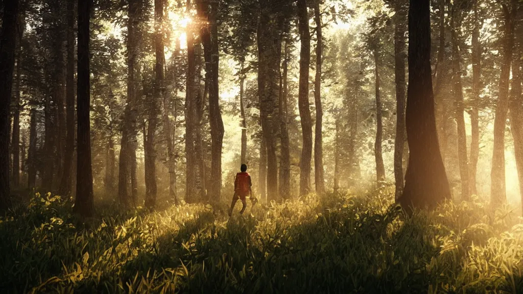 Image similar to beautiful closeup render of an indigenous man walking in the woods, unreal engine, soft light, forest, morning glow, god rays