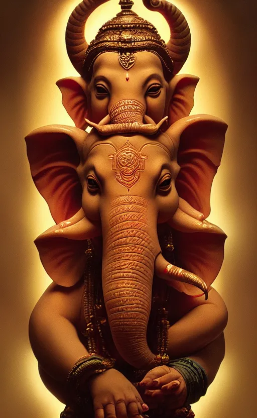 Prompt: a portrait of lord ganesha made of flesh and teeth, backlight, trending on artstation, volumetric lighting, atmospheric portrait, highly detailed, art by greg rutkowski and alphonse mucha