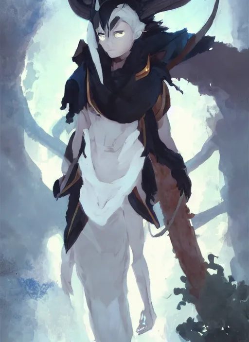 Image similar to concept art painting of an androgynous person with brown skin and short white hair, demon horns, deer ears, full clothing, black clothes, blue robes, detailed, cel shaded, in the style of ruan jia and artgerm and makoto shinkai and james gurney