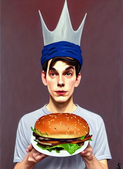 Image similar to oil painting, jughead jones wears a grey crown, and devours a hamburger, intricate, elegant, highly detailed, lighting, painting, artstation, smooth, illustration, art by greg rutowski and alphonse mucha