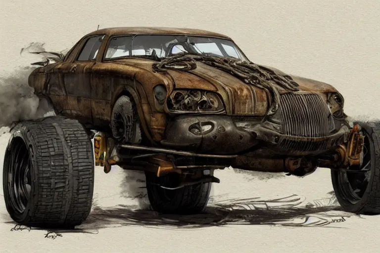 Image similar to Concept art of a mad max wedge car. Dieselpunk