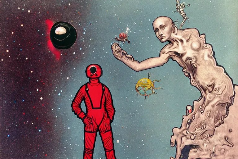 Image similar to the last astronaut red and black suit, holding a small alien corpse with only one hand, walking in post-apocalyptic Neptune Hills, style hybrid mix of Jirí Petr+Romi Lerda+ Sandra Pelser,Yves Tanguy+ Alphonse Mucha+ Ernst Haeckel+ Edward Robert Hughes+Stanisław Szukalski , moody colors,diamond dust glitter and sparkles, holographic krypton ion,red eyes,octane render,4k, ighly detailed, hyperrealism, excellent composition, cinematic concept art, dramatic lighting, trending on ArtStation