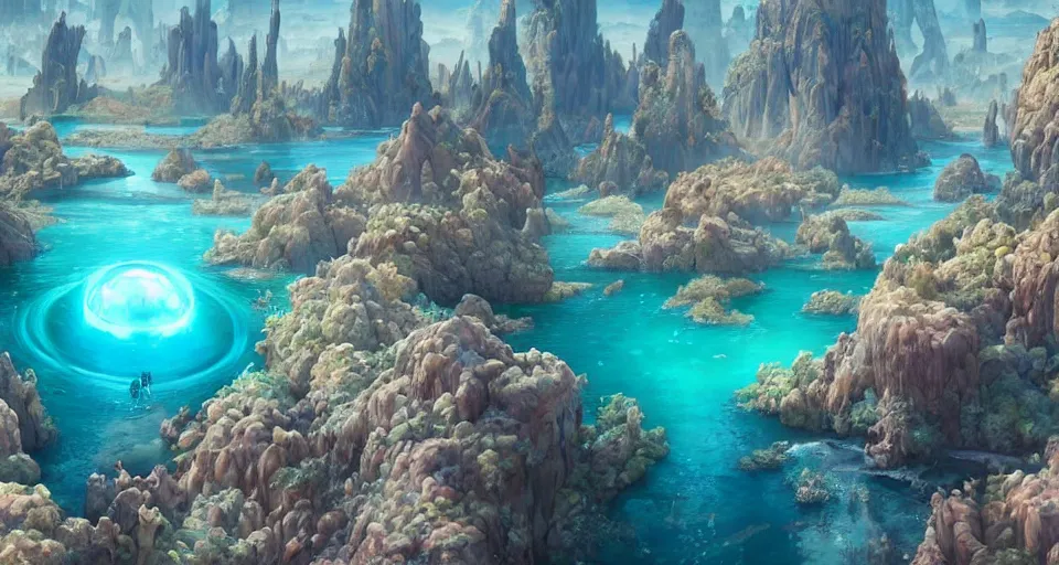 Image similar to a beautiful desert oasis!!!! with crystal clear water with a planet - sized humanoid monster!!!! looking down from the sky, by wlop and peter mohrbacher, extremely detailed shading, concept art, digital painting, trending on artstation, unreal engine 5, octane render, atmosphere, glow, cinematic lighting, full of color