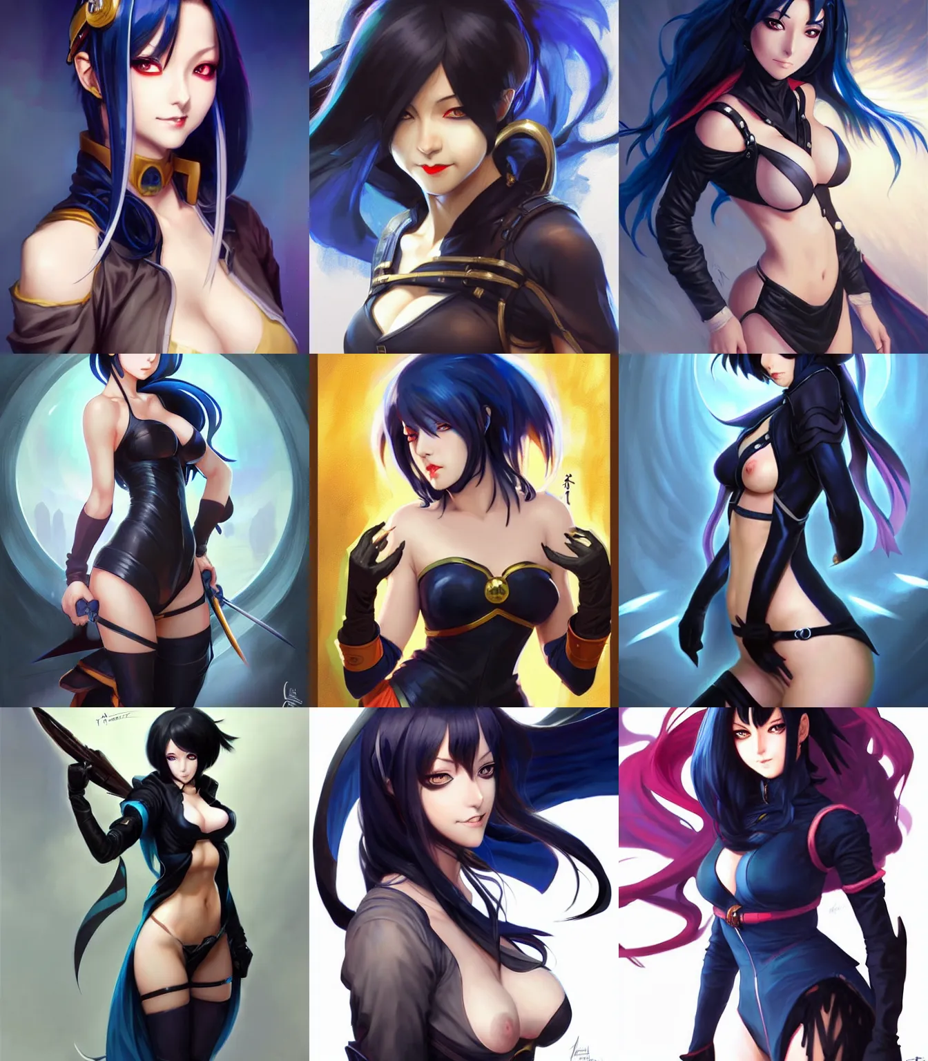 Prompt: rogue anime girl Mona from Gensin Impact, hourglass slim figure, black blue hair and attractive features, dungeons and dragons portrait, seductive smile, highly detailed, digital painting, artstation, concept art, sharp focus, illustration, art by artgerm and greg rutkowski and alphonse mucha