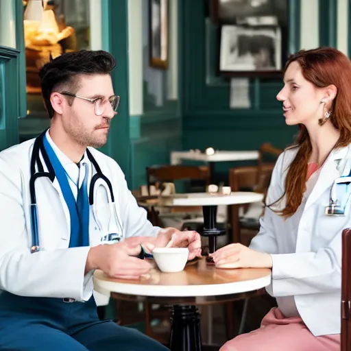 Prompt: A beautiful aesthetic portrait of a male engineer and a female doctor sitting in a victorian style cafe in Miami, 8k,