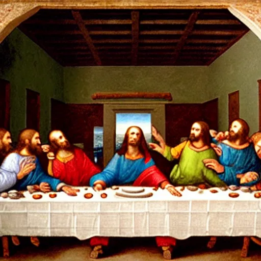 Image similar to in The Last Supper by Leonardo da Vinci, Jesus is eating a large delicious hamburger that has a beef patty, lettuce, and tomato