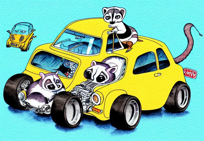 Image similar to cute and funny, racoon riding in a tiny hot rod coupe with oversized engine, ratfink style by ed roth, centered award winning watercolor pen illustration, isometric illustration by chihiro iwasaki, edited by range murata