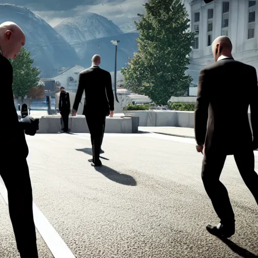 Image similar to agent 4 7 crashing his own funeral, hitman, unreal engine 5, 4 k, anti aliasing