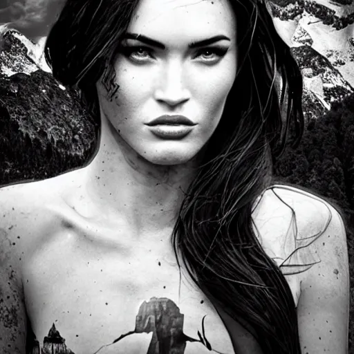 Image similar to double - exposure effect of megan fox face blended in beautiful mountains, in the style of dan mountford, amazing detail, black and white