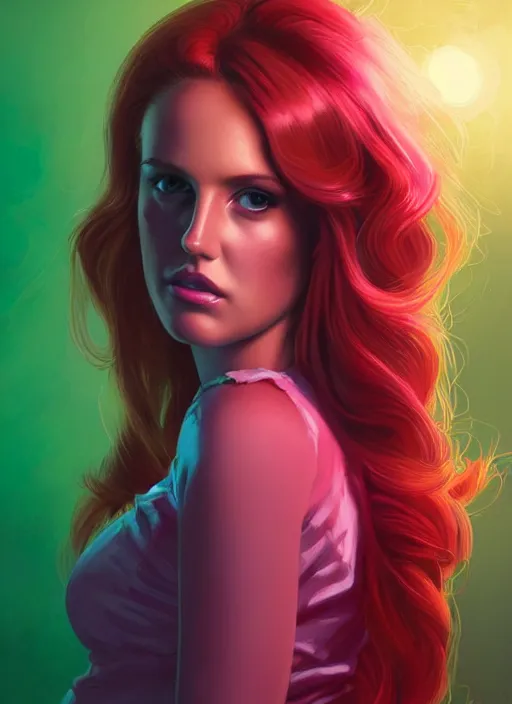 Prompt: full body portrait of teenage cheryl blossom, bangs, green eyes, sultry expression, red hair, sultry smirk, bangs and wavy hair, pink skirt, intricate, elegant, glowing lights, highly detailed, digital painting, artstation, concept art, smooth, sharp focus, illustration, art by wlop, mars ravelo and greg rutkowski