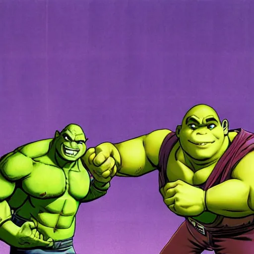 Prompt: shrek fighting the incredible hulk, anime, akira toriyama