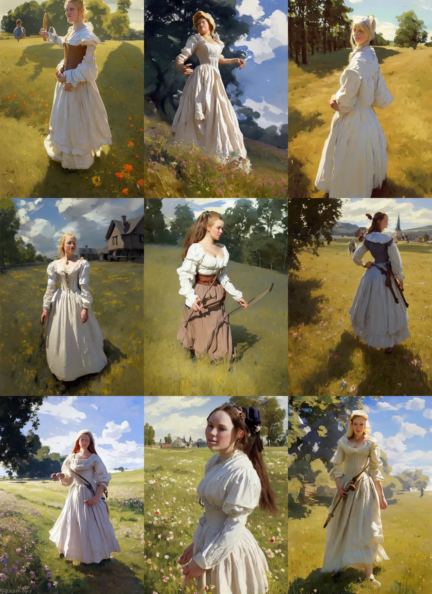 Prompt: portrait of finnish norwegian swedish scandinavian attractive village maiden wearing 1 7 th century bodice walking in the field in a sunny day, jodhpurs greg manchess painting by sargent and leyendecker, studio ghibli, fantasy, medium shot, asymmetrical, intricate, elegant, matte painting, illustration, hearthstone, by greg rutkowski, by greg tocchini, by james gilleard