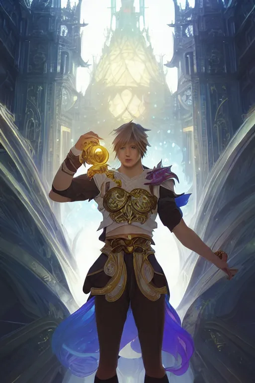 Prompt: fullbody portrait of a male fit hero with strange hairs, soft smile, final fantasy, league of legends champion, strong iridescent light, by chengwei pan and sakimichan and greg rutkowski and alphonse mucha, gradient white to gold, in front of a magical building background, highly detailed portrait, digital painting, smooth, focus illustration