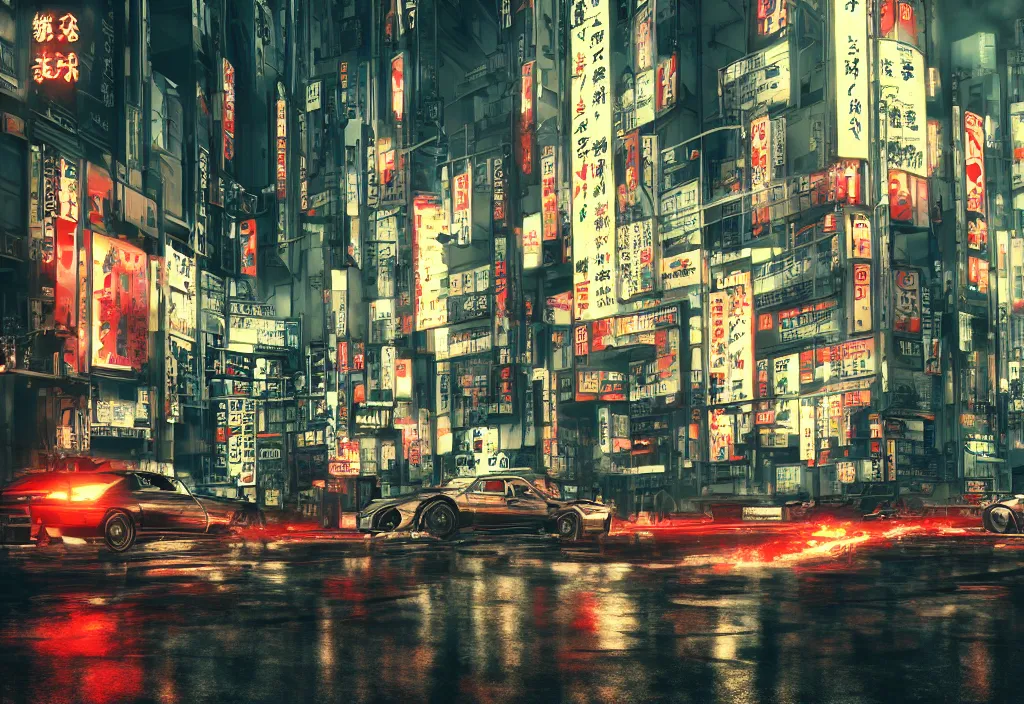 Image similar to tokyo streets cyberpunk style max payne blood trending on artstation cinematic realistic buildings windows cars peoples detailed golden ratio awesome composition color balance harmony physical correct light shadows octnae render 8 k